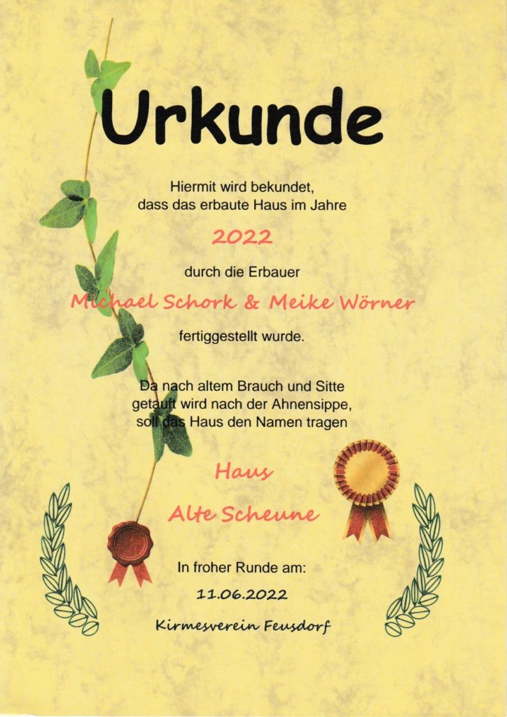 Urkunde zur Häusertaufe